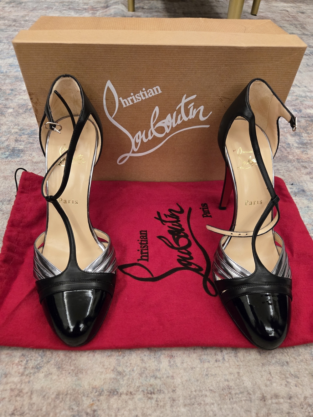 Christian Louboutin Black & Silver T-Strap Pumps